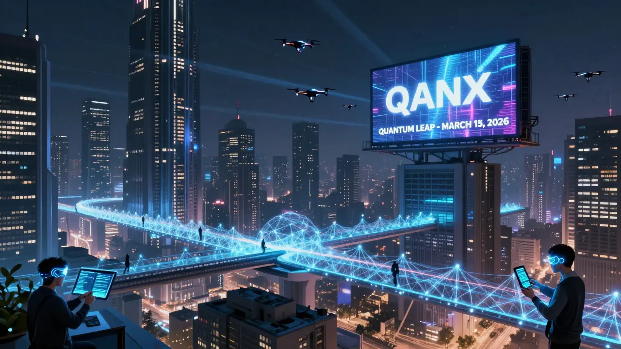A futuristic city connected by quantum-secure data bridges, with citizens using QANX tokens for identity verification and encrypted transactions.