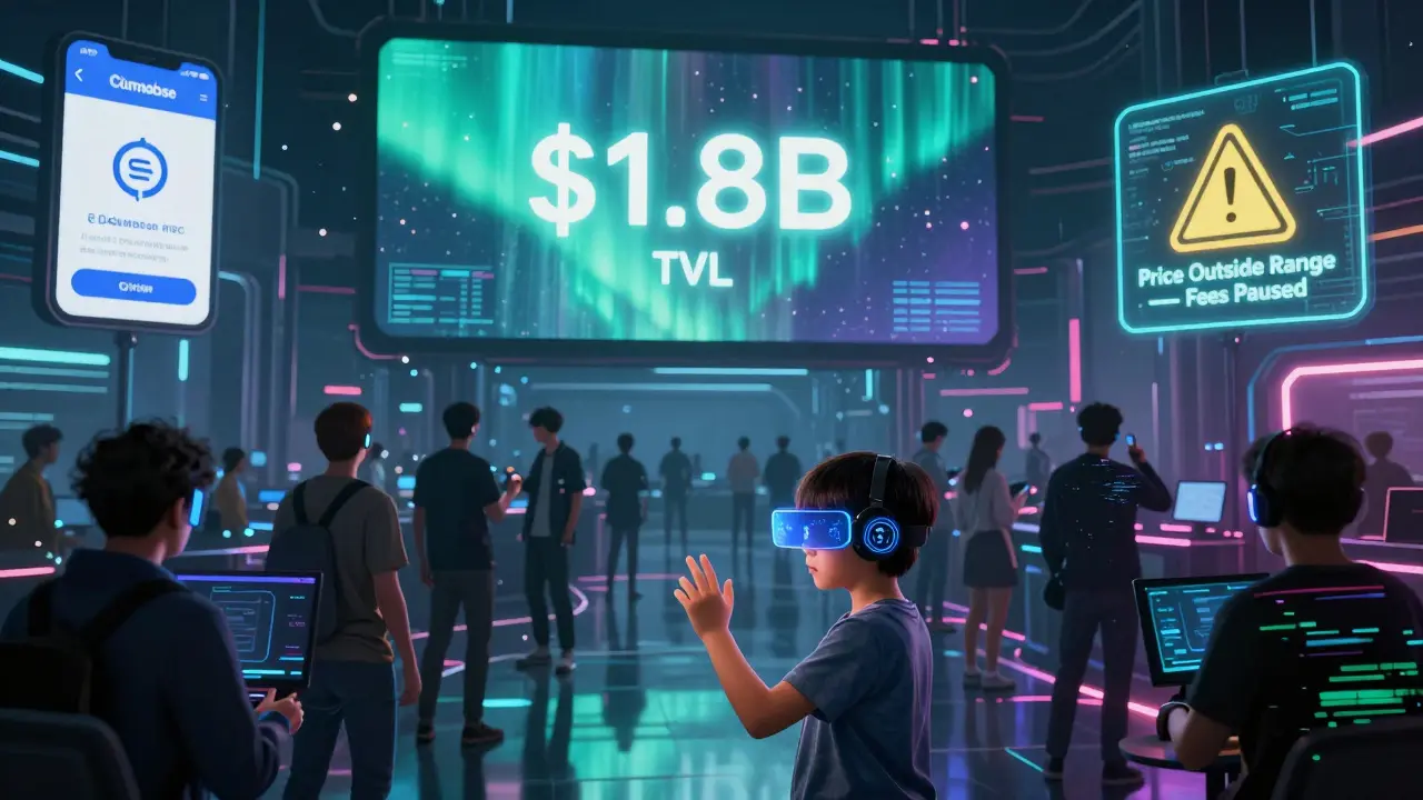 A futuristic crypto hub where users swap tokens via AR interfaces, with .8B in TVL glowing above a bustling cityscape.