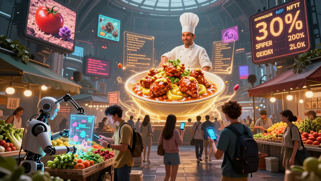 A futuristic market where traders barter rare food NFTs under floating price tickers and digital chef signatures.