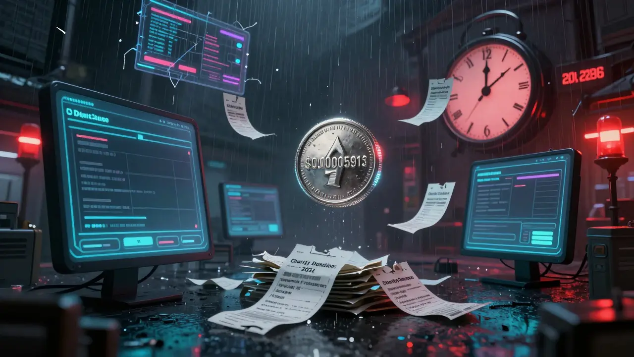 A ghostly trading interface floats above an empty marketplace with a clock counting down to 2286.