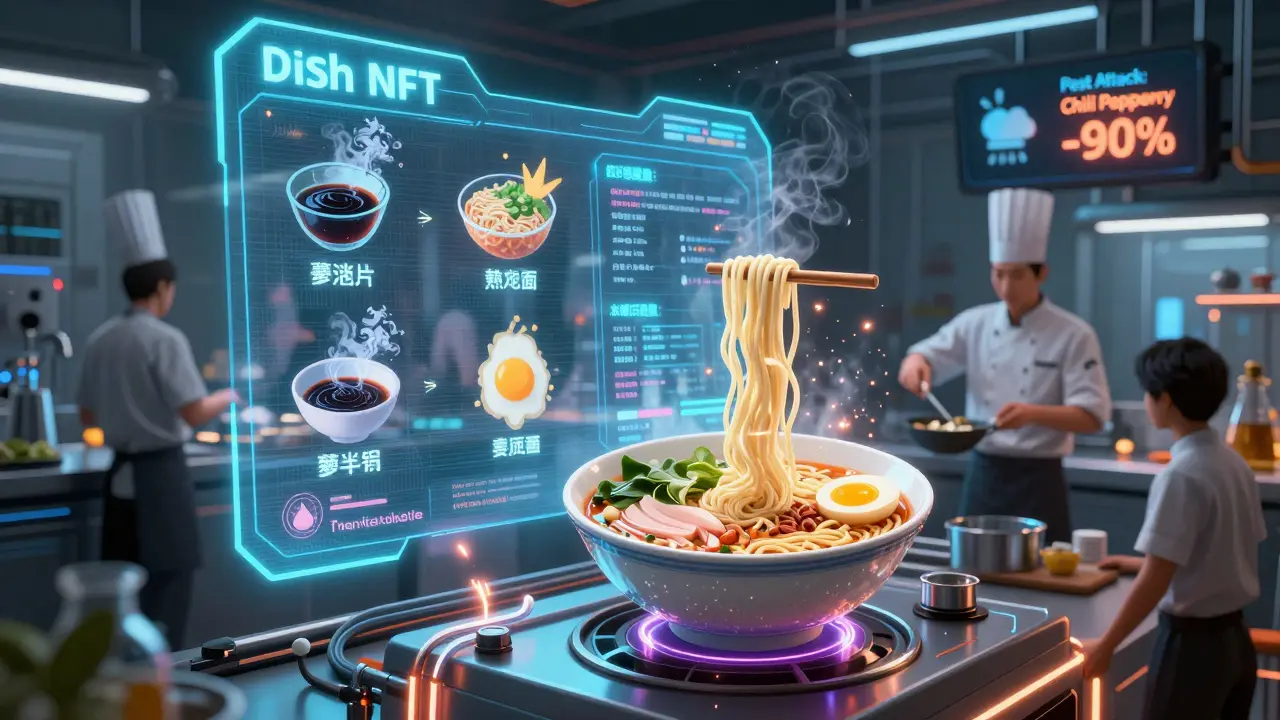 A high-tech kitchen where ingredients burn into ash as a dish NFT is minted, with a pest attack alert flashing in the background.