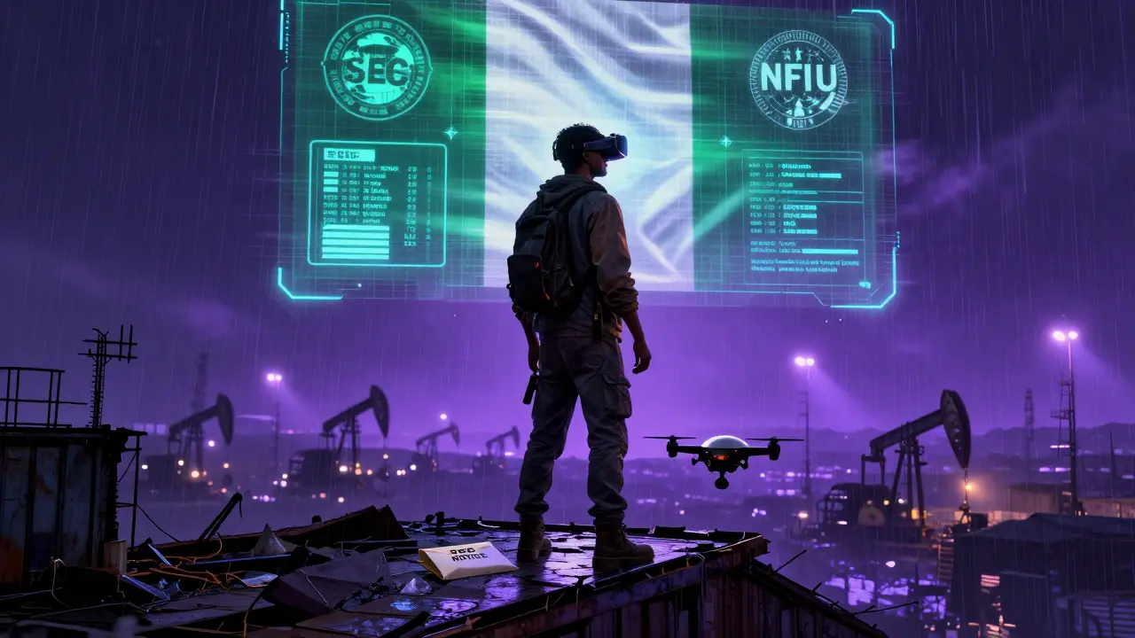 A miner on a rooftop watches diesel-powered mining rigs below as an EFCC drone drops a legal notice, under glowing corporate holograms.