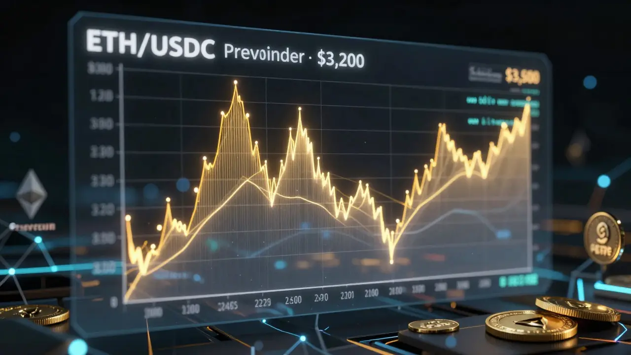 A neural interface displaying concentrated liquidity ranges for ETH/USDC, with price alerts and blockchain nodes in the background.