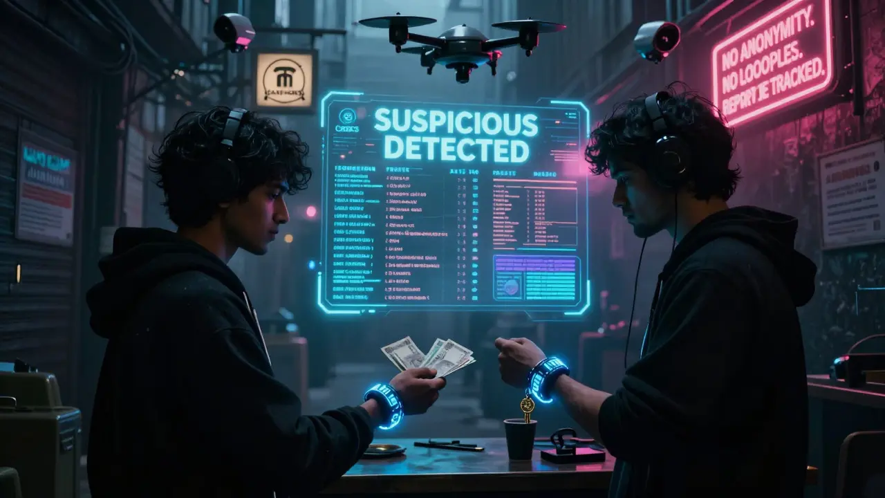 A shadowy P2P crypto trade in a neon alley with surveillance drones and warnings about compliance in a cyberpunk urban setting.