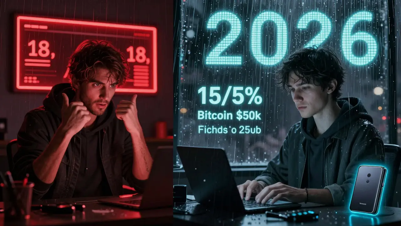 A split scene: one trader sells in panic, another calmly rebalances crypto holdings with a hardware wallet glowing softly.