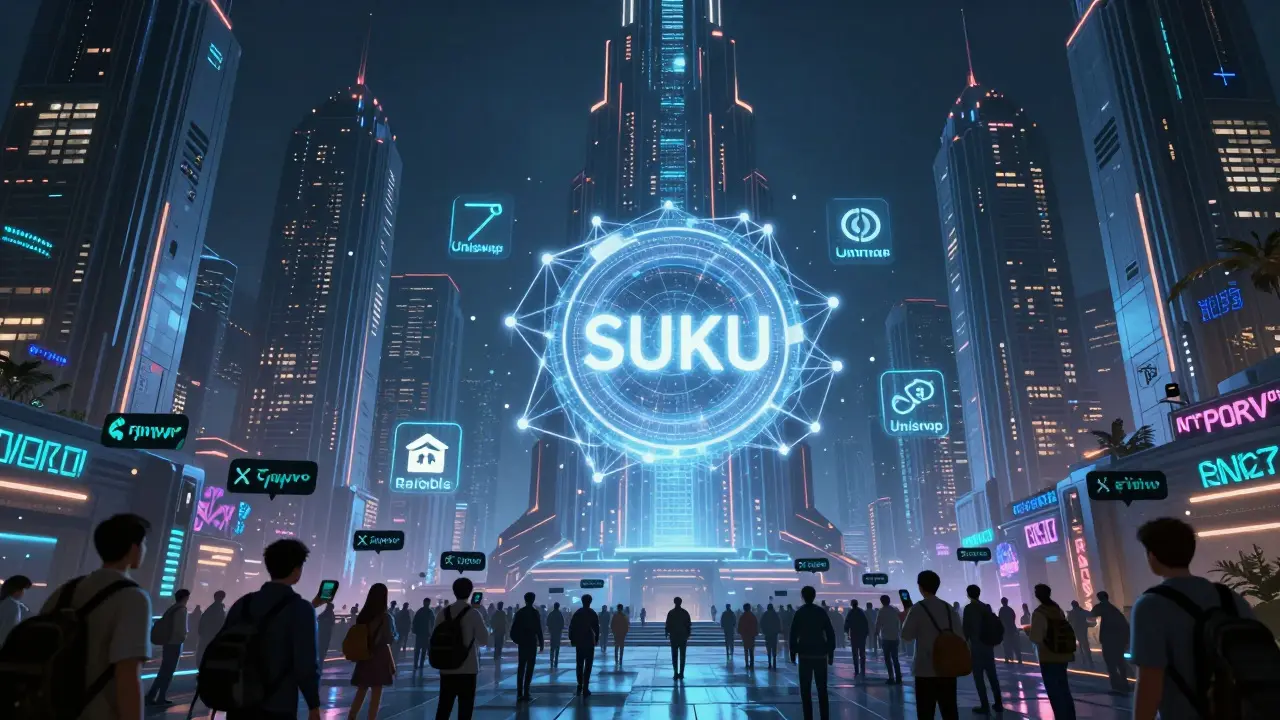 A towering data cathedral pulses with blockchain energy, centered on a rotating SUKU token as users send payments via social handles.