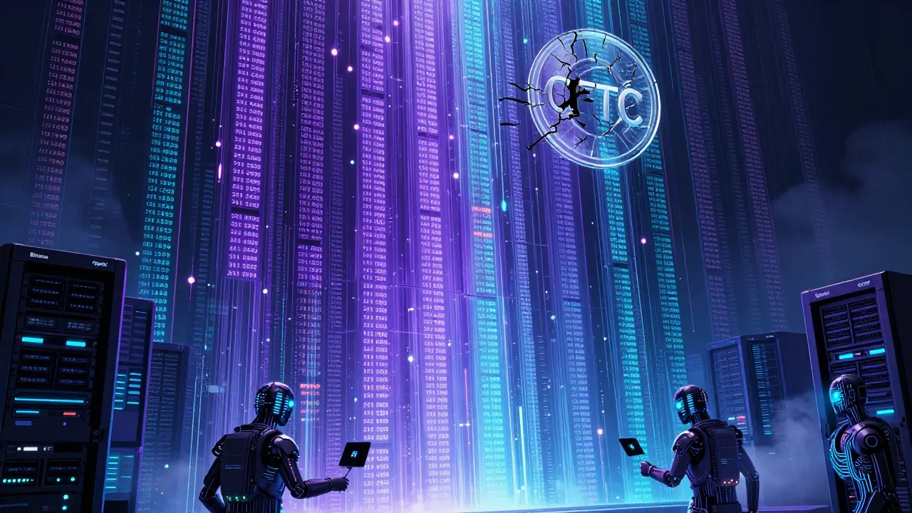 A towering stack of flickering fake sell orders in digital colors, while real trades slip through unnoticed amid server farms.