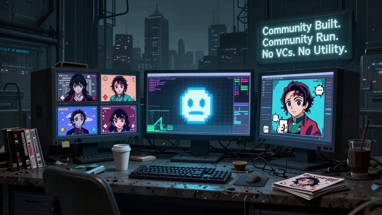 An abandoned Discord terminal displays anime memes and a single glowing ANIME token, surrounded by manga and coffee cups.