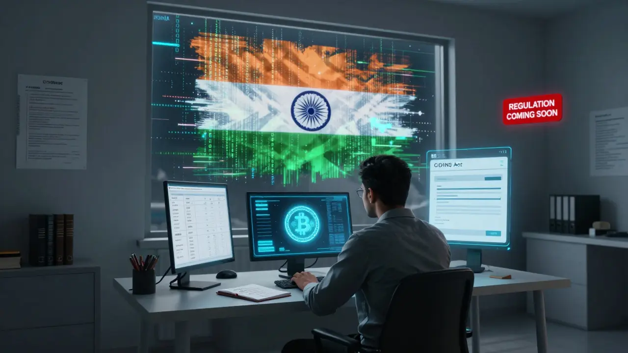 An engineer faces a single Bitcoin wallet screen surrounded by tax reports and a fading COINS Act bill in a dark room.