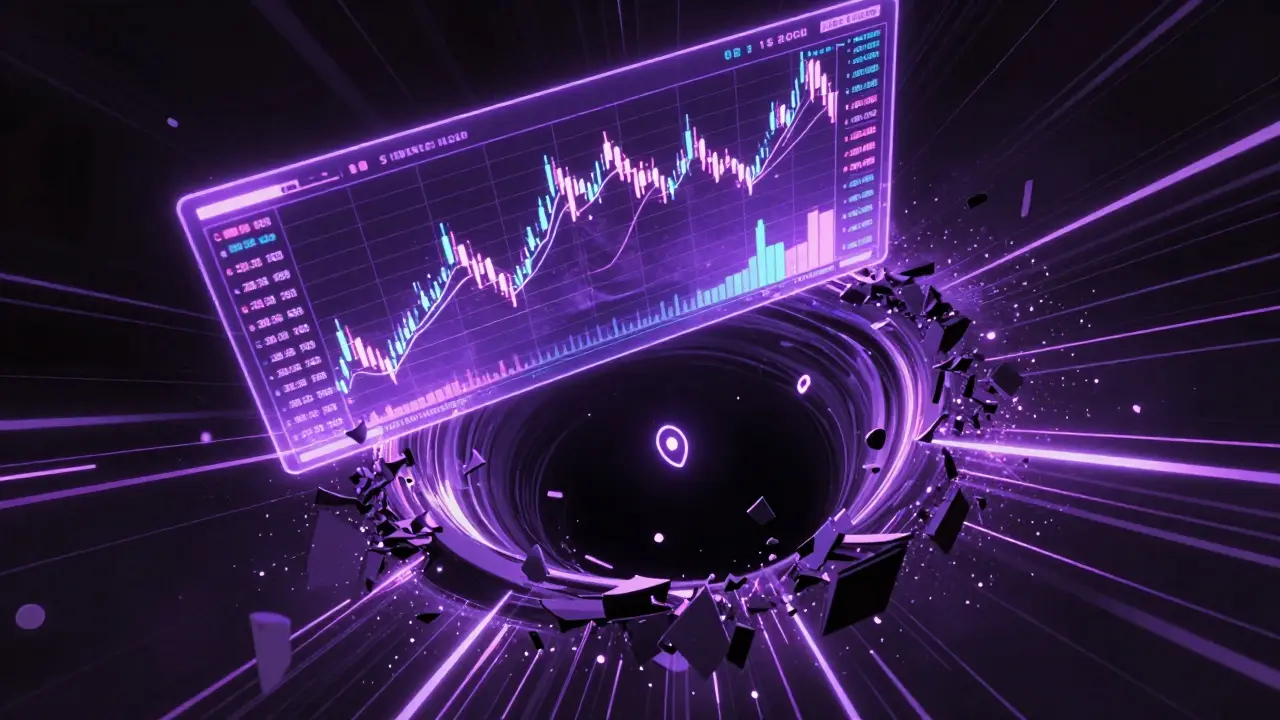 Collapsing holographic stock chart with token falling into digital void.