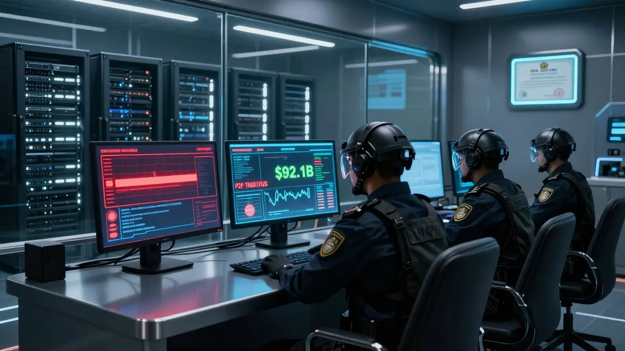 Compliance officers monitor real-time crypto transaction data in a high-tech SEC control room with holographic dashboards.