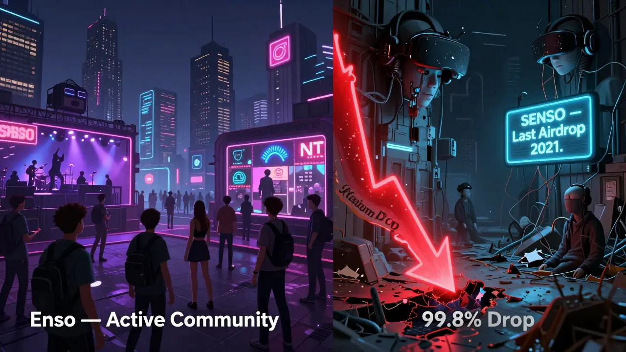 Contrasting vibrant Enso metropolis with decaying Sensorium Galaxy hub under a falling price chart.