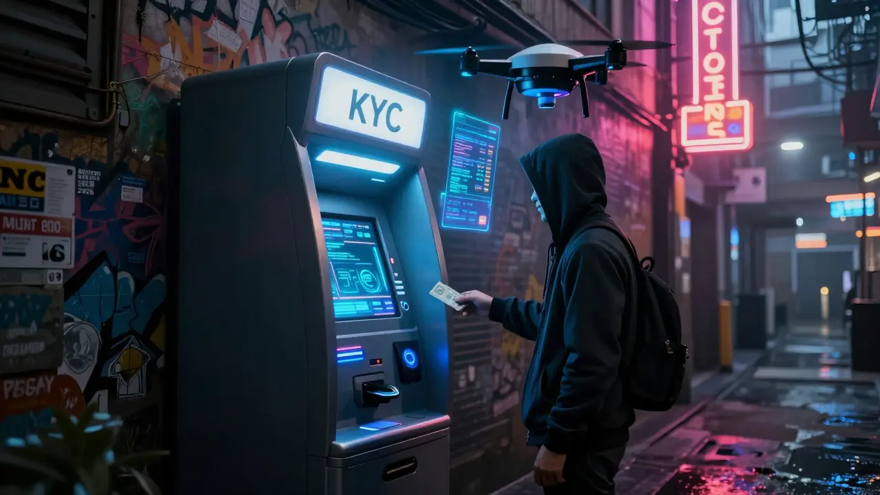 Futuristic crypto ATM in a rainy alley with biometric scanner and holographic compliance warning.