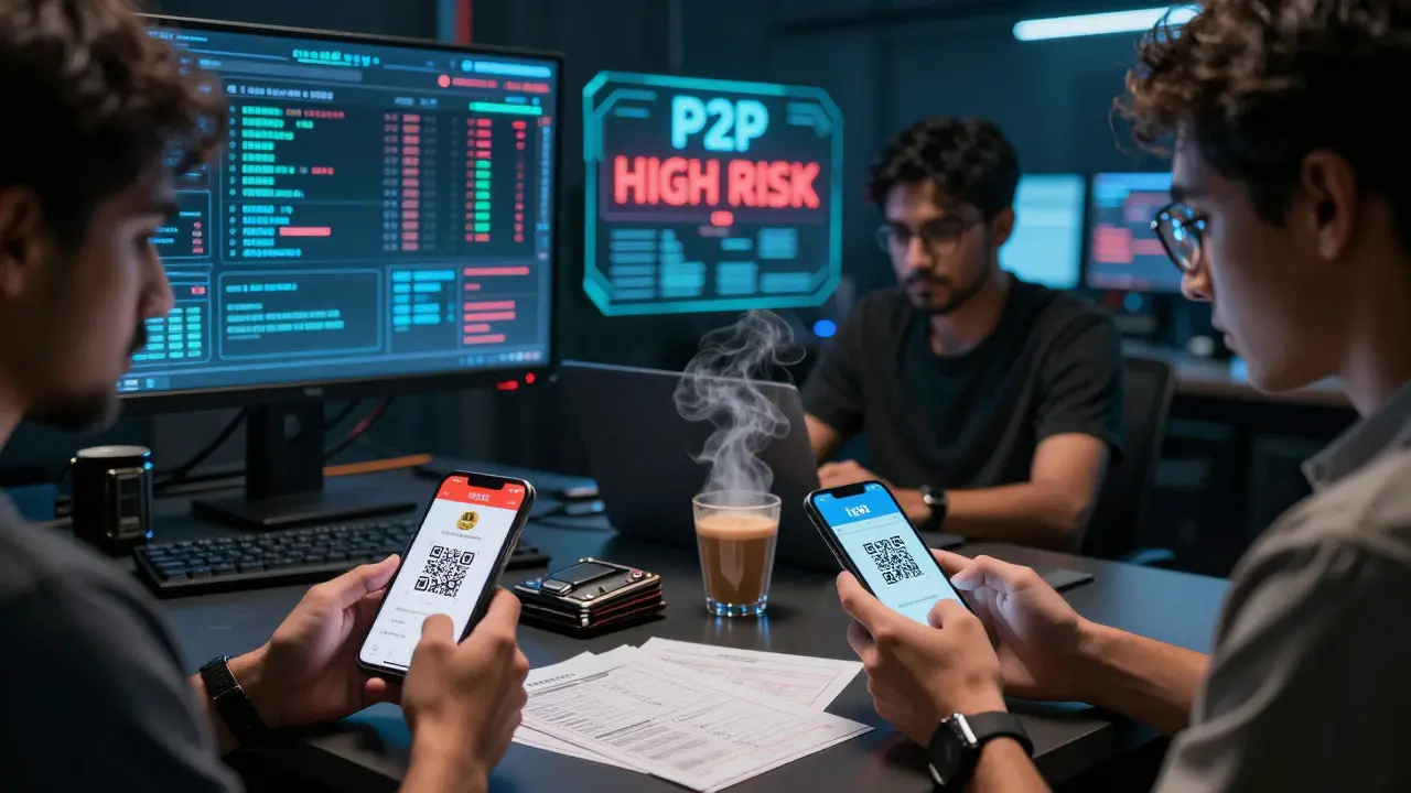 People trade crypto via UPI in a Bangalore hub, with bank flags and blockchain data glowing in a cyberpunk interior.