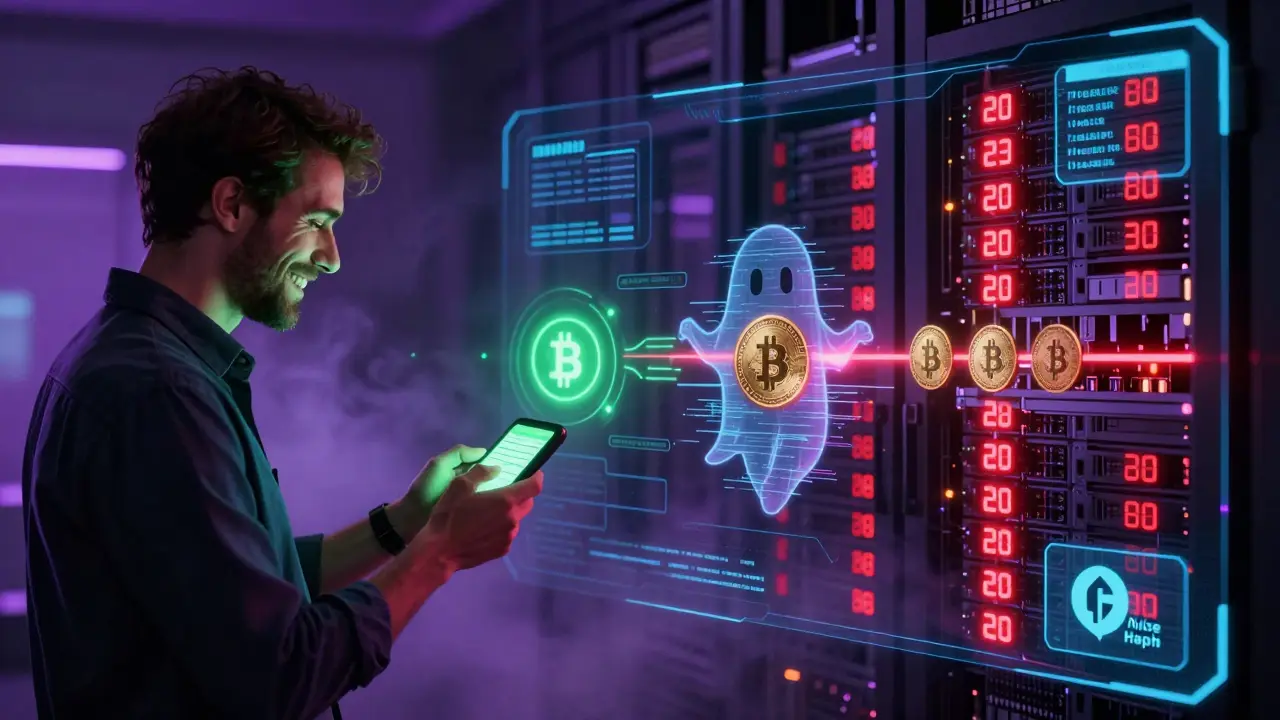 Split-screen digital interface showing a confirmed transaction and a hidden malicious chain overtaking it.