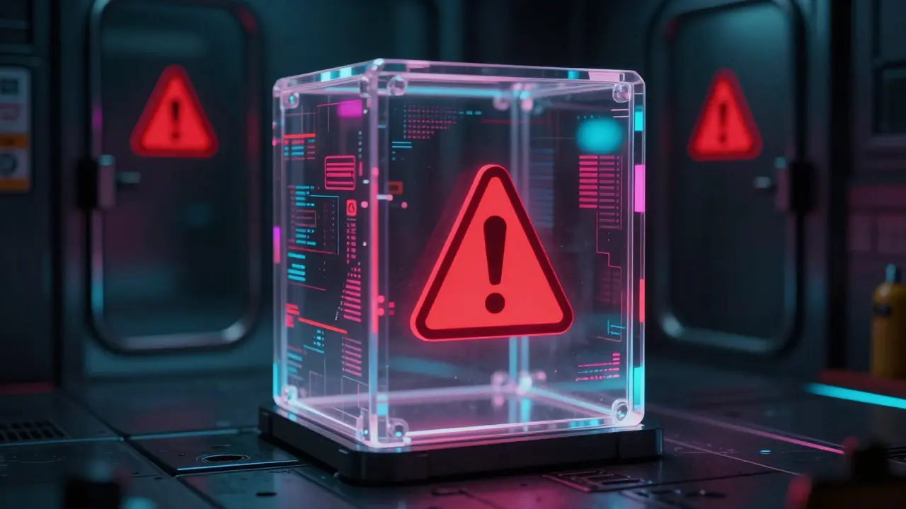 Token trapped in digital cage with red warning symbols and locked gate.