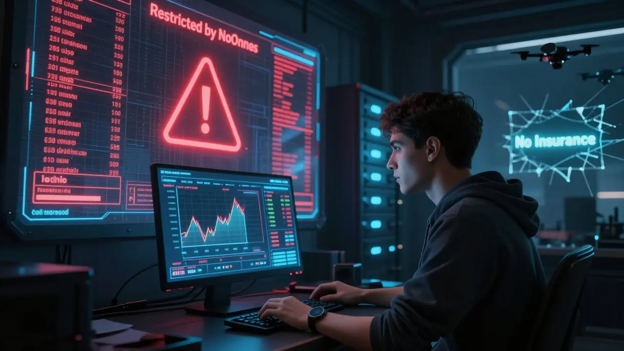 Trader in a cyberpunk hub facing a 3D crypto dashboard with 'Restricted by NoOnes' warning, cold storage vaults glowing behind.