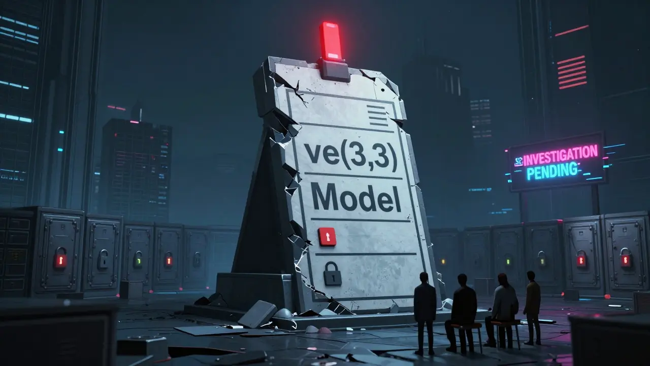 A crumbling voting monument for ve(3,3) model in a desolate cyber-city with abandoned staking vaults.