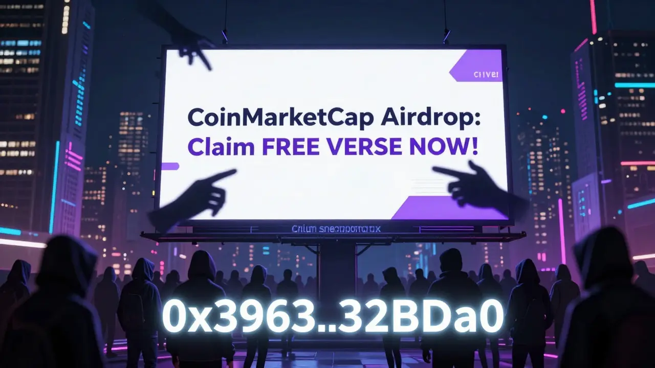 A cybercity billboard falsely promoting a CoinMarketCap VERSE airdrop while victims are scammed, with a verified smart contract glowing safely below.