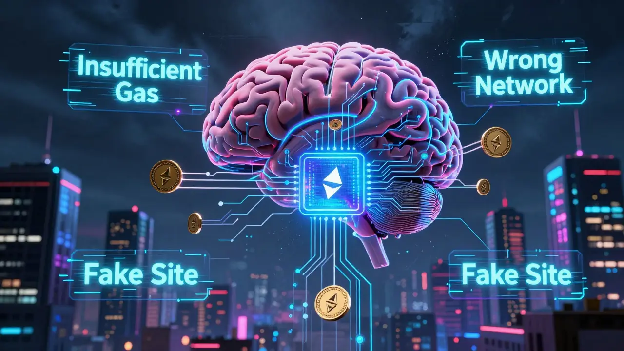 A cybernetic brain processing decentralized trades with error warnings floating in neon glitch text.