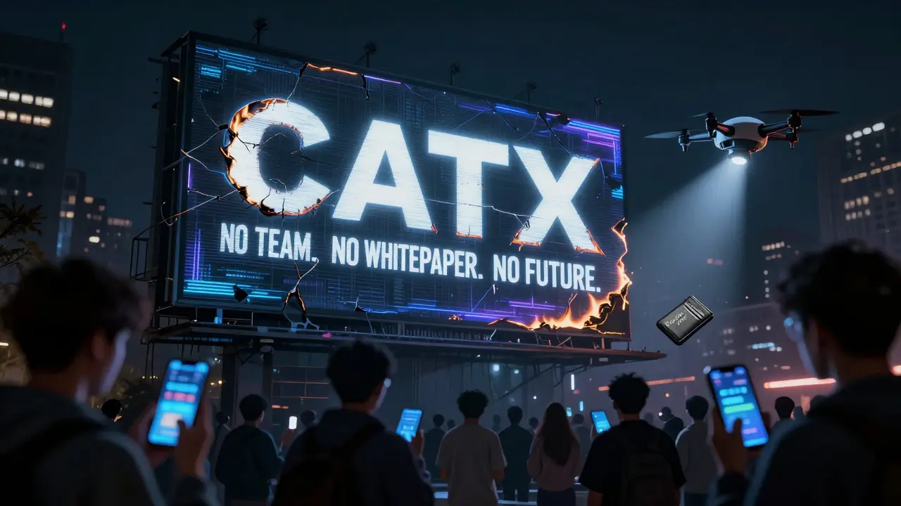 A flickering CATX billboard decays as confused users stare at phones displaying contradictory prices.