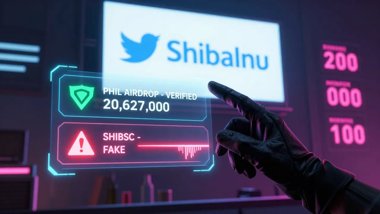 A hacker's hand above two floating wallets: one verified with PHIL airdrop details, the other a fake SHIBSC scam with draining crypto.