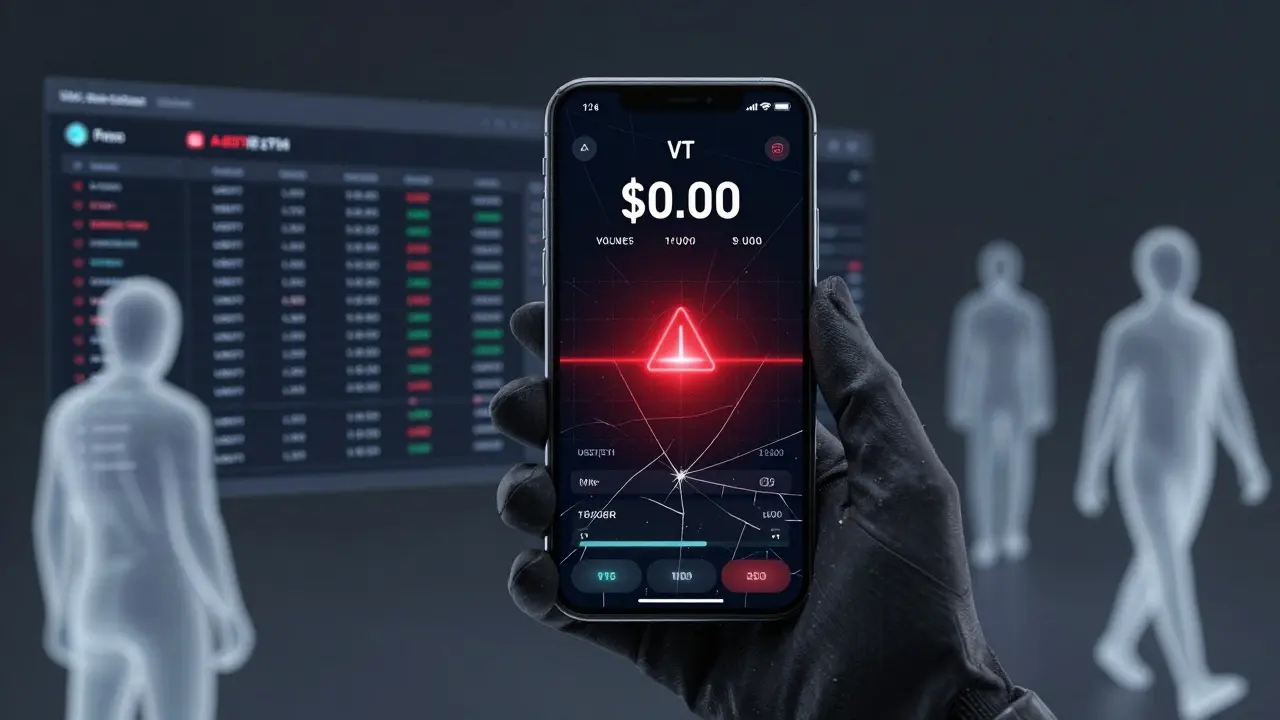A hand holding a device showing a live trading dashboard on one side and a zero-volume VT token chart on the other.
