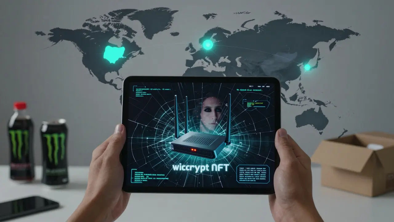 A hand holds a fading digital NFT certificate of a Wicrypt device, surrounded by a dark global map with only three active nodes.