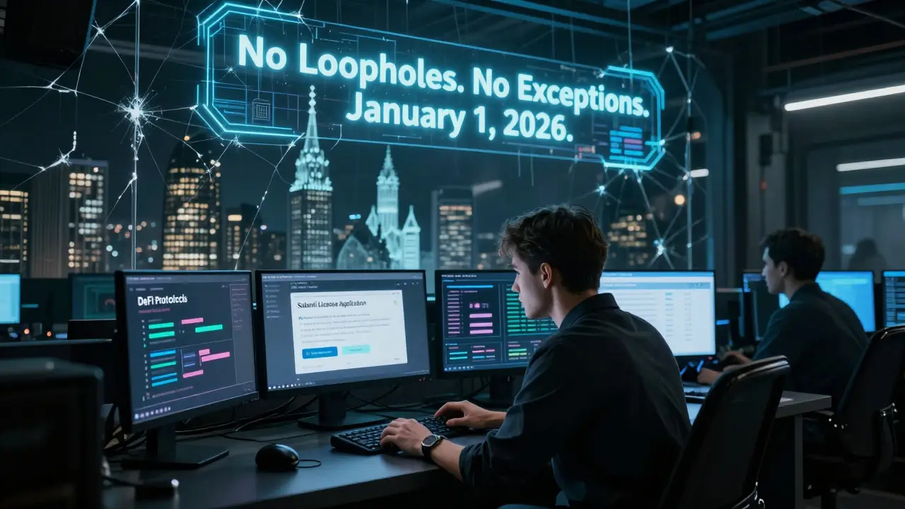 A lone applicant submitting a crypto license application as a countdown ends and Germany's financial district glows behind them.