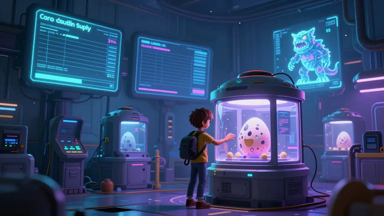A lone player hatching an NFT monster egg in a dark hatchery, surrounded by screens showing zero token supply and a low game launch progress bar.