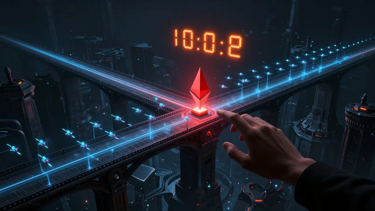 A massive digital bridge spans between Ethereum's core and a high-speed Layer 2 network, with a withdrawal countdown active.