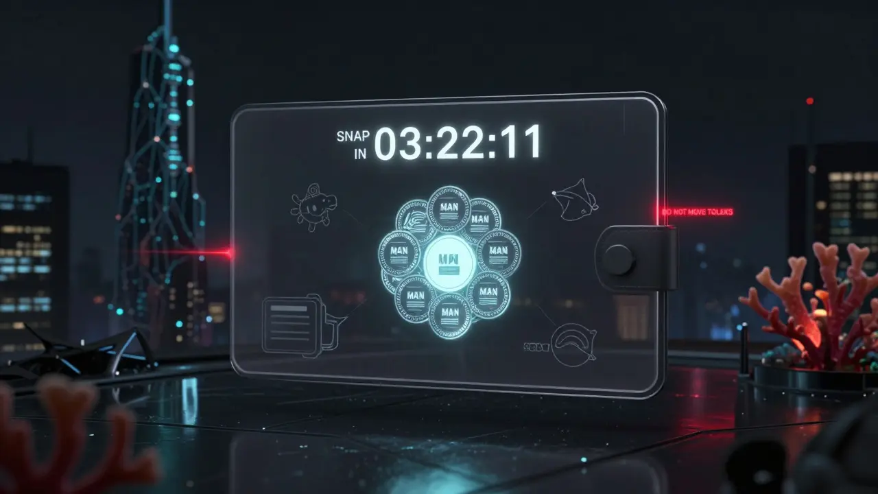 A Matrix Wallet interface displaying a snapshot countdown with MAN tokens glowing steadily.