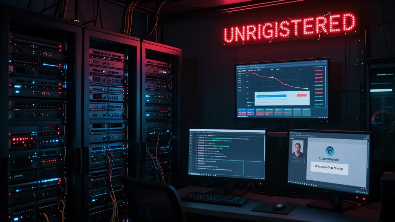 A server room with crashing trading graphs and 'UNREGISTERED' warnings glowing in red LED lights.
