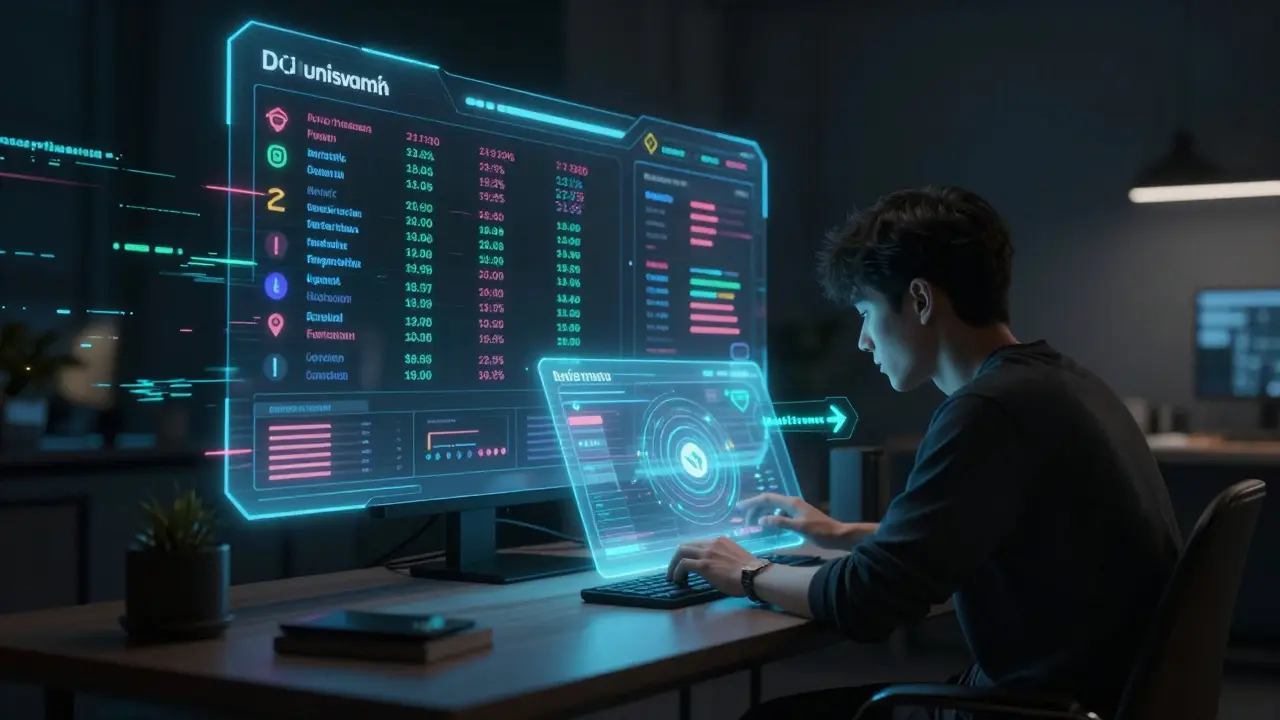 A user connecting a wallet to a DEX via holographic AR interface in a futuristic apartment.