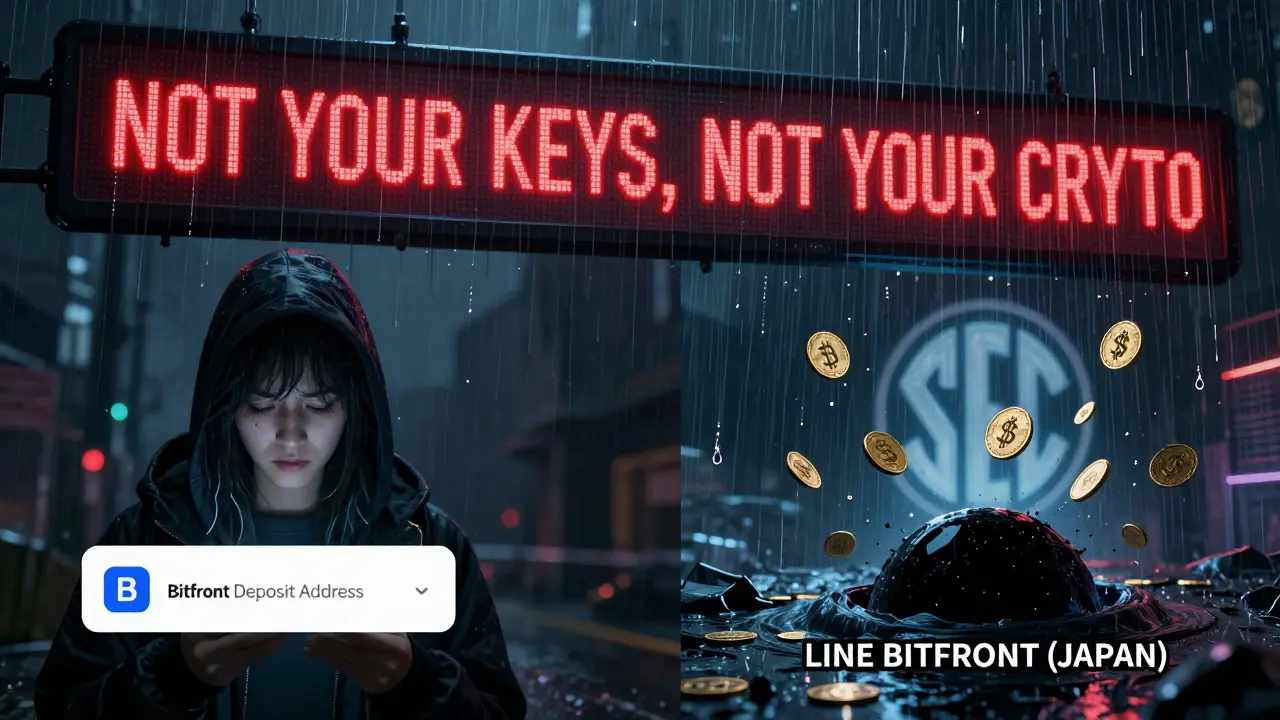 A user sending crypto to Bitfront while funds vanish into a black hole labeled LINE BITFRONT, with 'NOT YOUR KEYS' in burning red.