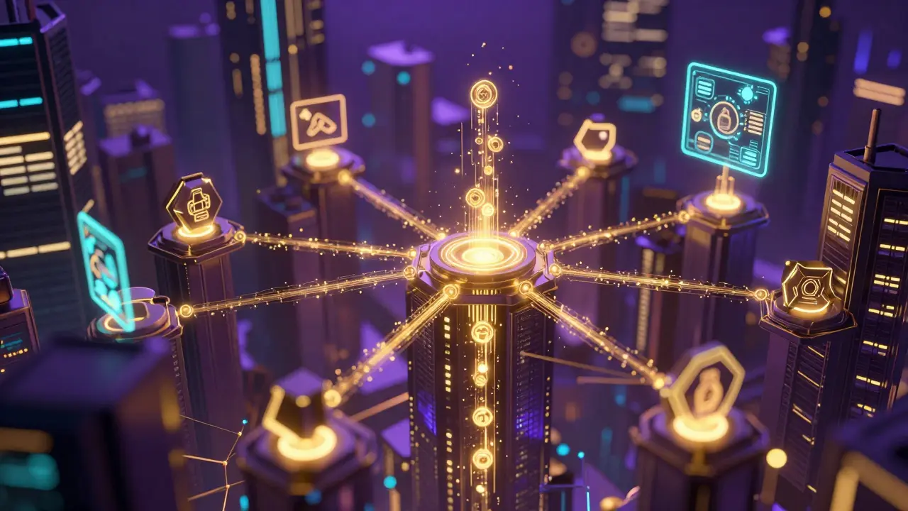 Abstract blockchain network with energy flowing between nodes