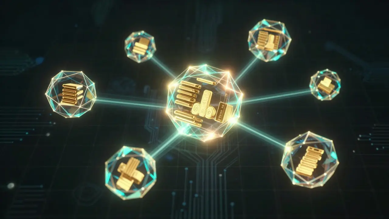 Abstract glowing financial nodes connected by energy beams in dark grid