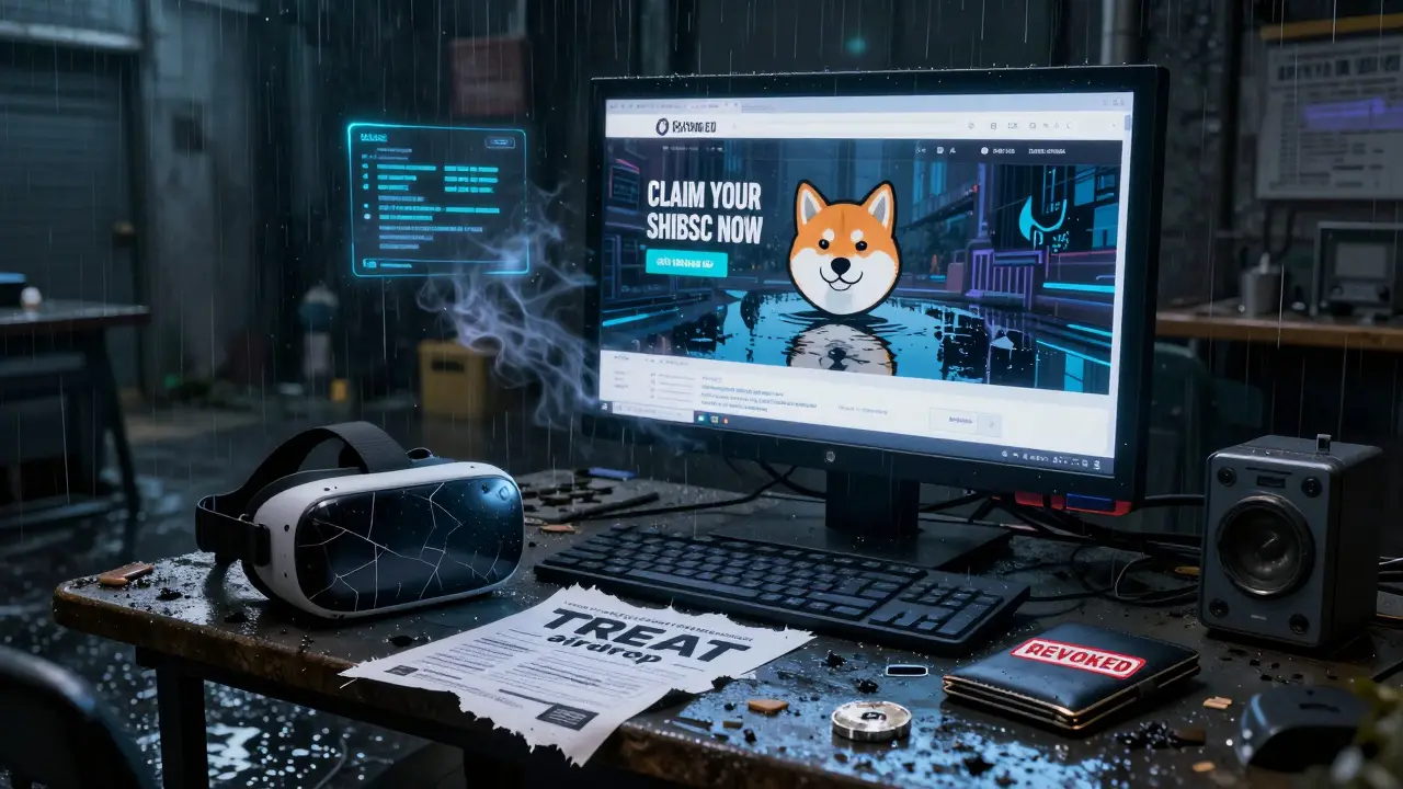 An abandoned cyber-cafe with a phishing site on screen, reflecting the real Shiba Inu logo in a puddle, beside a revoked hardware wallet.