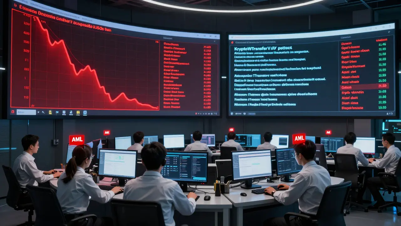 BaFin analysts monitoring blockchain transactions with real-time AML alerts on massive digital screens.