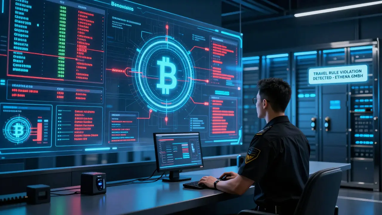 BaFin control room with real-time crypto transaction maps and AI flags violating travel rule.