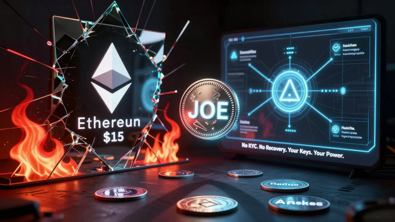 Contrasting Ethereum congestion with LFJ’s sleek Avalanche network, centered on a glowing JOE token.