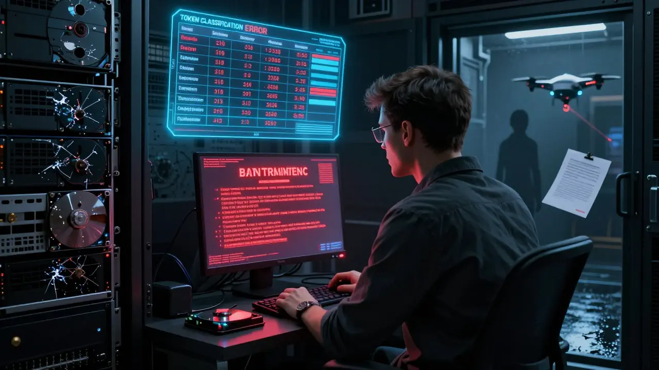 Crypto startup founder in server farm facing BaFin termination notice with tax ledger glowing.