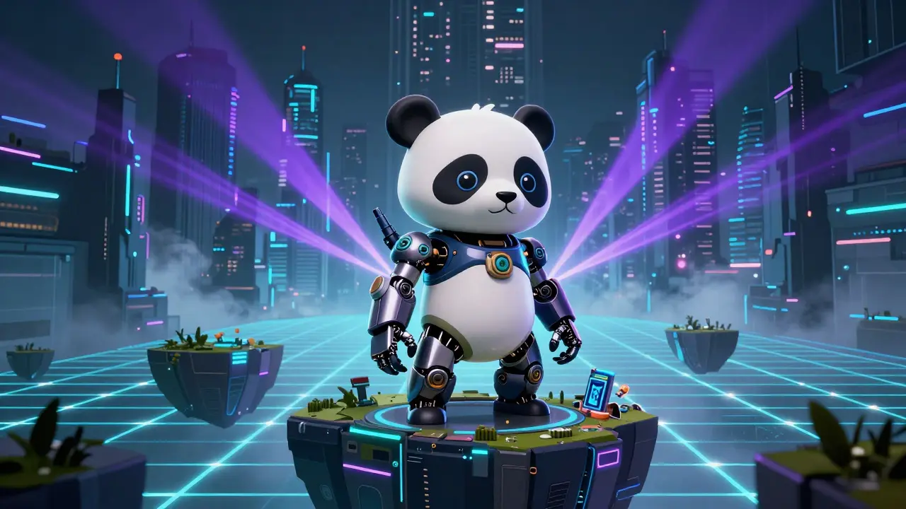 Cybernetic panda avatar standing on neon virtual land plot.