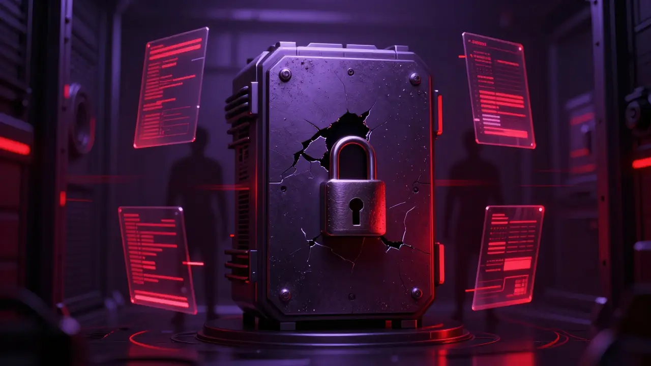 Cyberpunk security vault showing blockchain vulnerability gaps