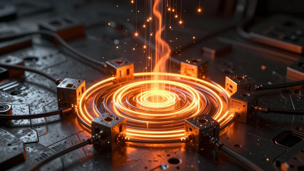 Digital blocks dissolving into orange flames in dark industrial setting