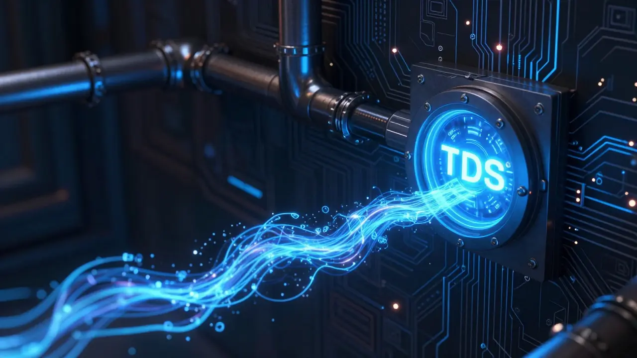Digital data stream splitting into a secure vault representing tax deduction.