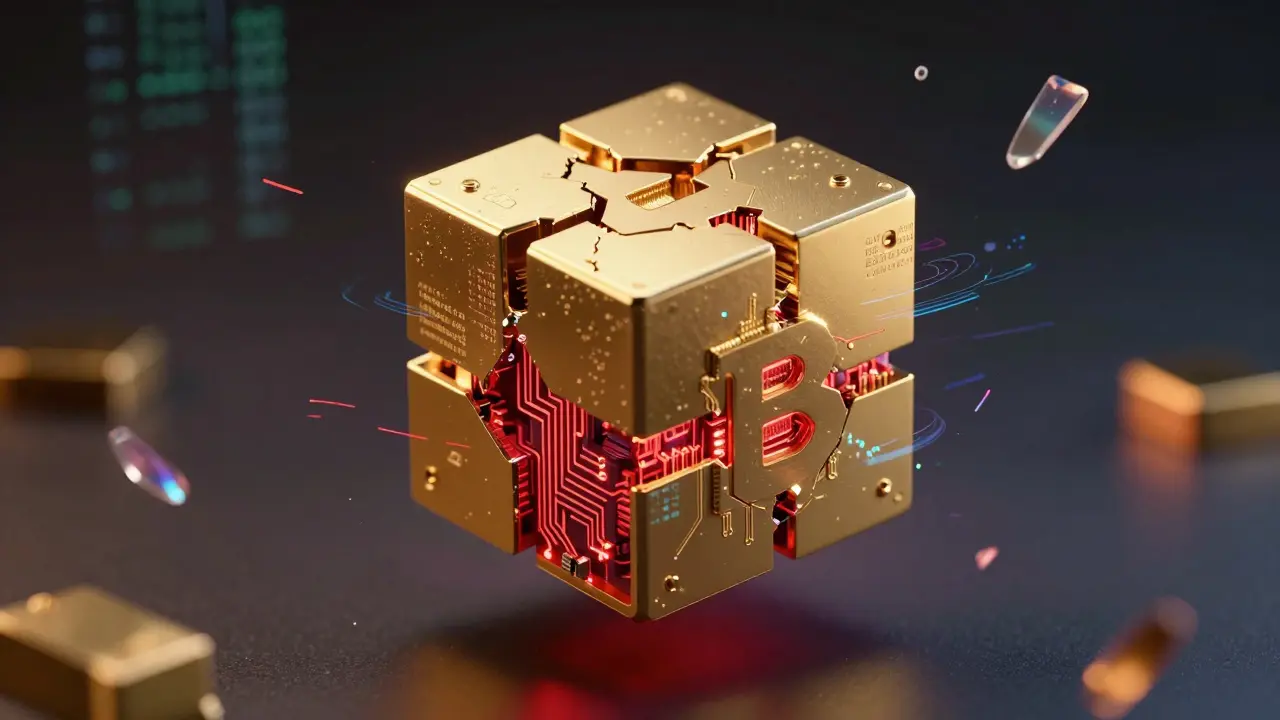 Glowing blockchain block cracking to reveal red circuitry inside.