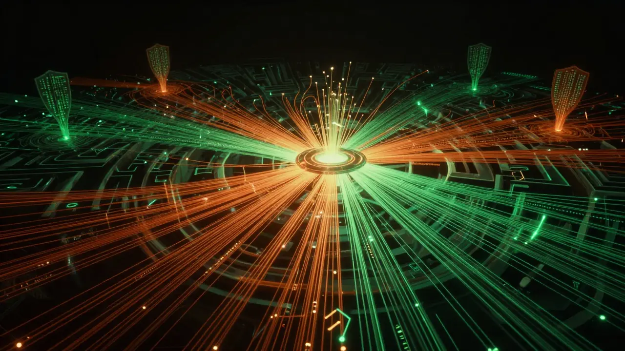 Glowing particles splitting through neon tunnels representing money trails.