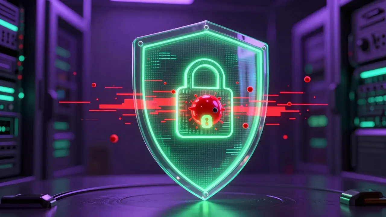 Green energy shield protecting data core from red glitches