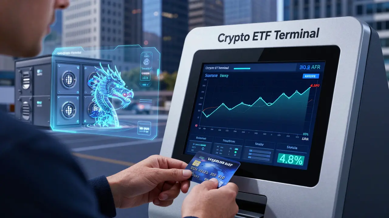 Hand placing card into a crypto ETF kiosk with real-time Solana price and staking yield displayed on screen.